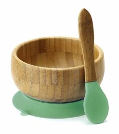 Avanchy Bamboo Stay Put Suction Baby Bowl + Spoon - Green