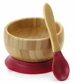 Avanchy Bamboo Stay Put Suction Baby Bowl + Spoon - Magenta