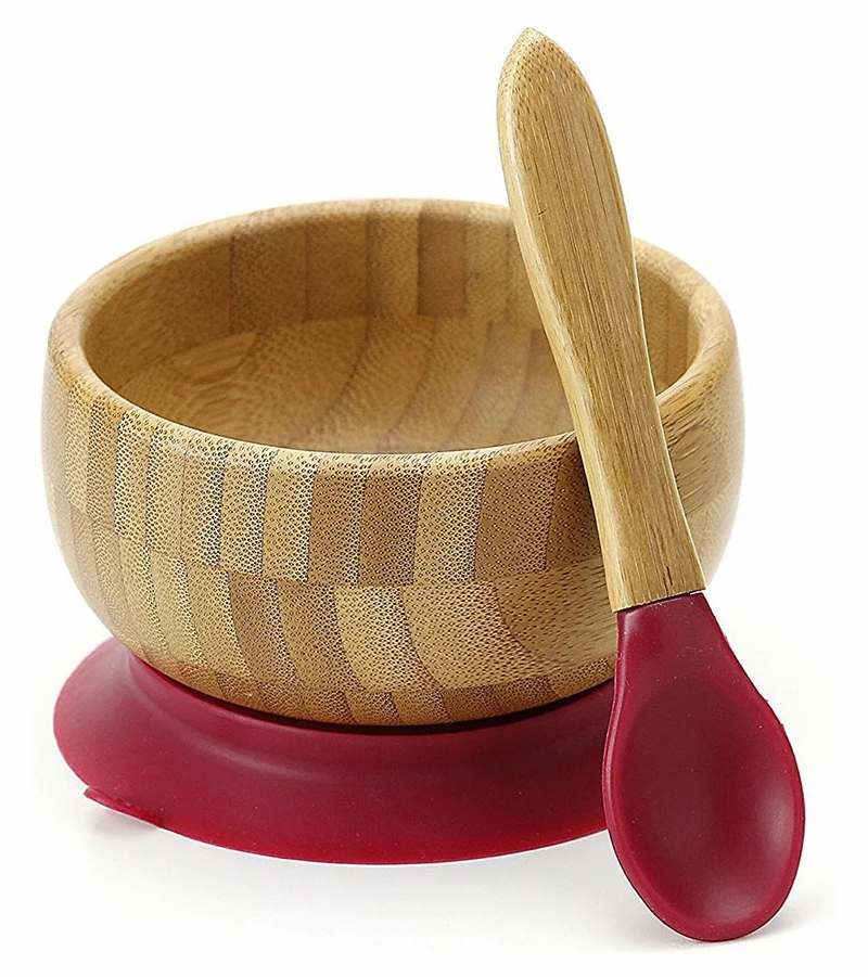 Avanchy Bamboo Stay Put Suction Baby Bowl + Spoon - Magenta 3 Avanchy Bamboo Stay Put Suction Baby Bowl + Spoon - Magenta