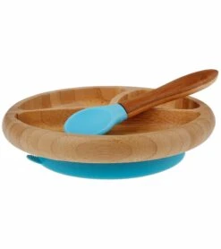 Avanchy Bamboo Suction Baby Divided Plate + Spoon - Blue