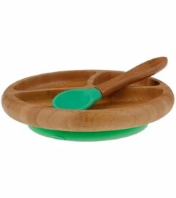 Avanchy Bamboo Suction Baby Divided Plate + Spoon - Green