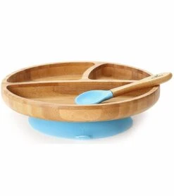 Avanchy Bamboo Suction Toddler Divided Plate + Spoon - Blue
