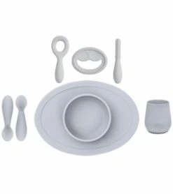 EZPZ Infant Bundle - First Foods Set + Oral Development Tools - Pewter