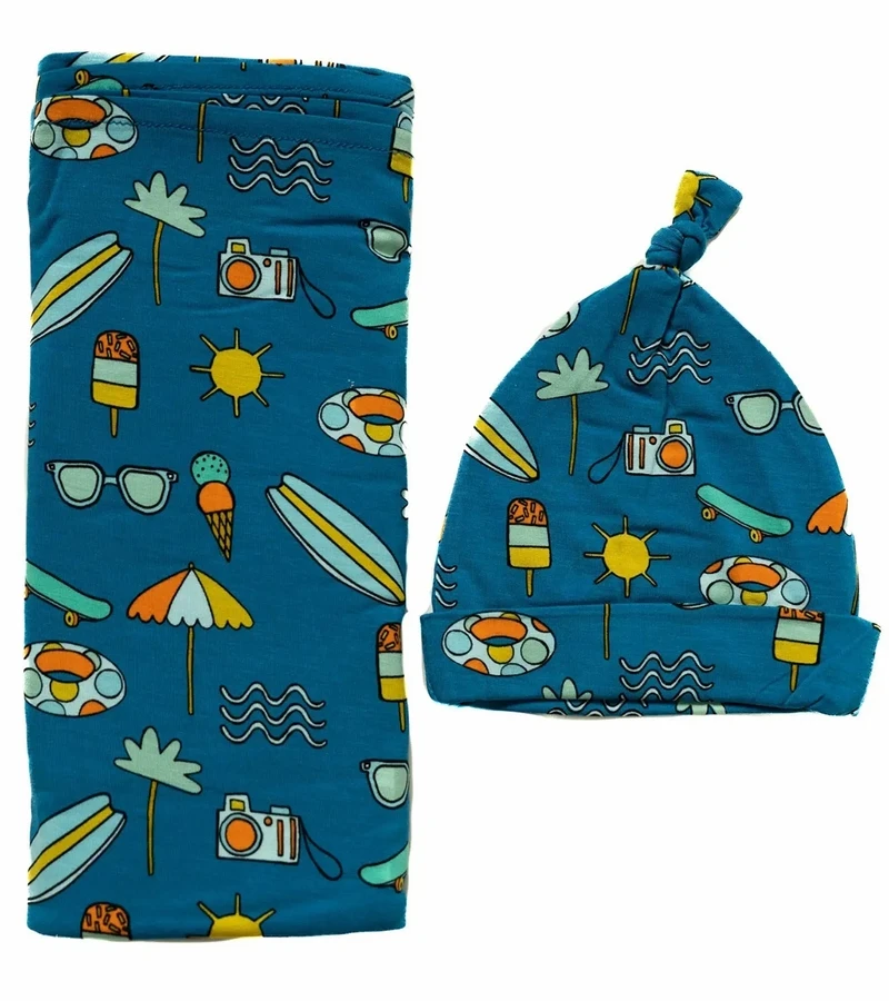 Little Sleepies Bamboo Viscose Swaddle + Hat Set - Surf's Up 3 Little Sleepies Bamboo Viscose Swaddle + Hat Set - Surf's Up