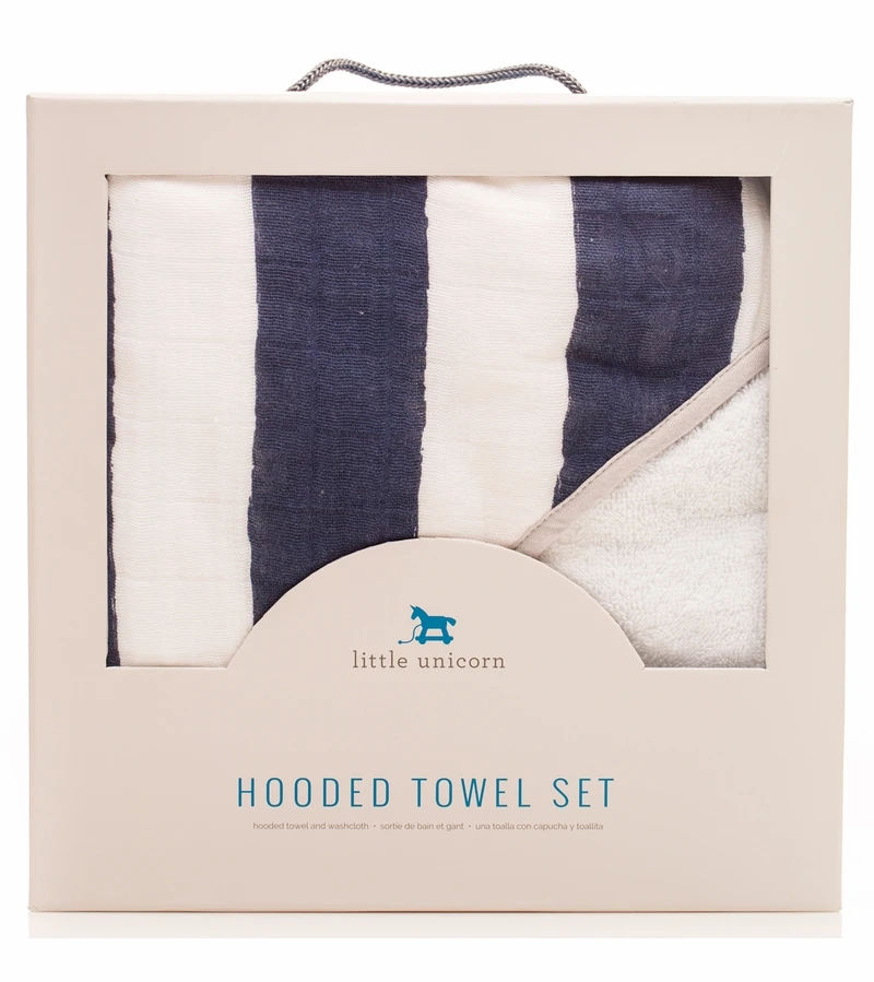 Little Unicorn Cotton Hooded Towel & Washcloth - Navy Stripe 4 Little Unicorn Cotton Hooded Towel & Washcloth - Navy Stripe - Image 2