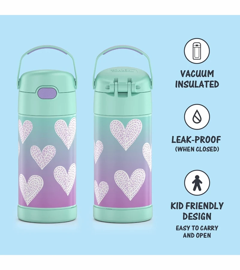 Thermos FUNtainer Vacuum Insulated Stainless Steel Straw Water Bottle, 12oz - Purple Hearts 4 Thermos FUNtainer Vacuum Insulated Stainless Steel Straw Water Bottle, 12oz - Purple Hearts - Image 2